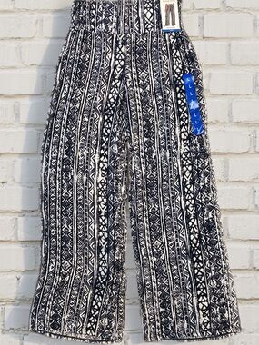 Three Dots Navy Blue & White Patterned Pull On Wide Leg Pant Size L
